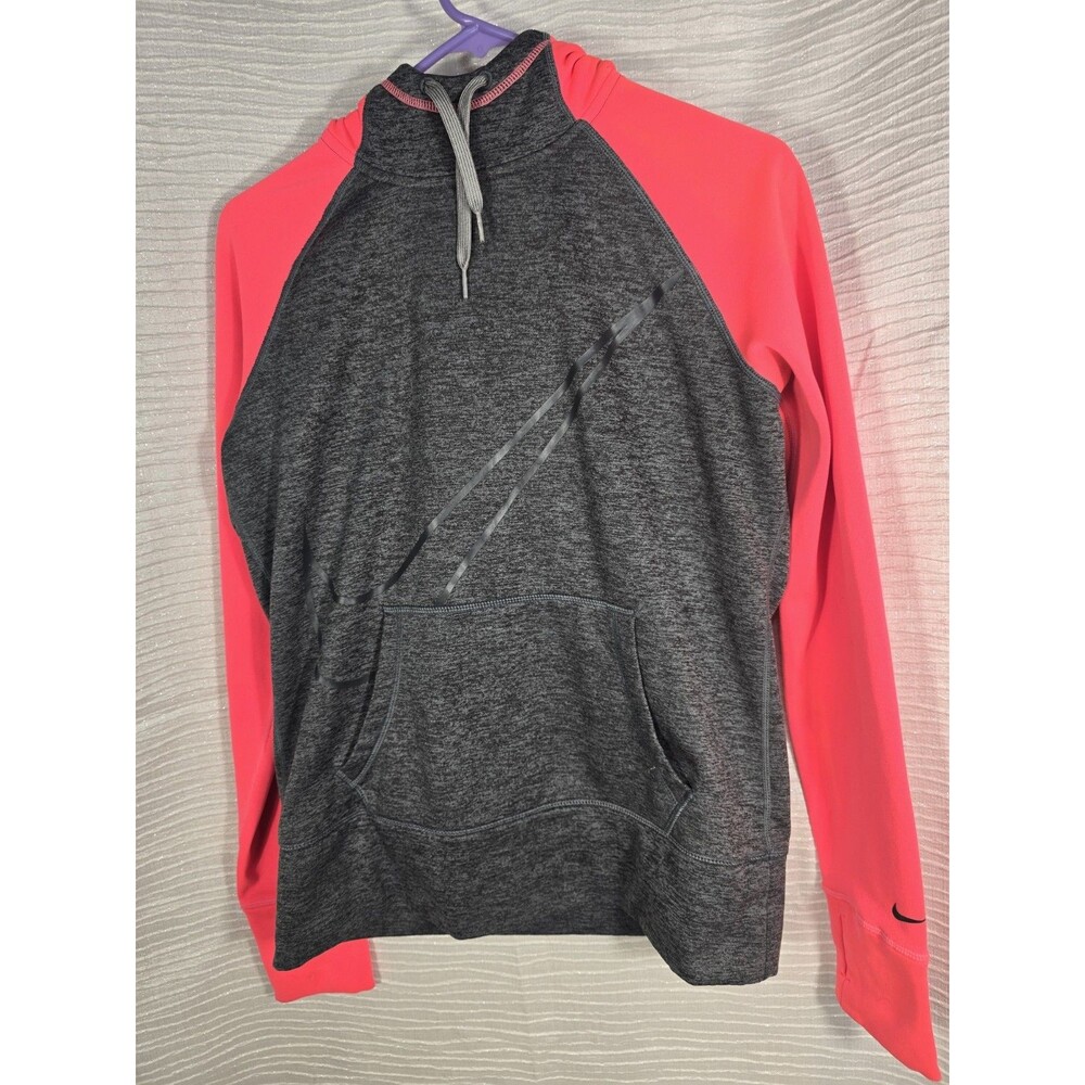 Nike Sweater Womens medium grey Pink Therma-Fit Hoodie  Pocket Graphic Swoosh